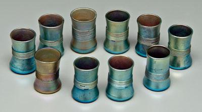 Appraisal: Set of ten Tiffany shot glasses iridescent blue with thread