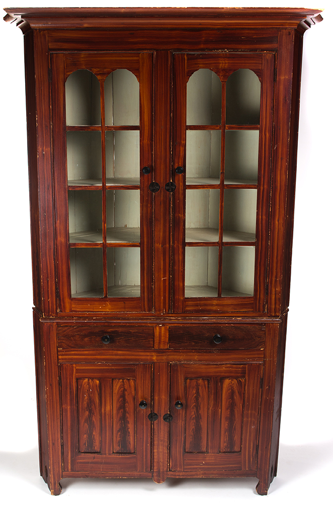 Appraisal: PENNSYLVANIA DECORATED CORNER CUPBOARD Ca - Two-piece cupboard pine Sixteen