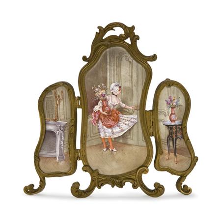 Appraisal: Gilt-Bronze and Porcelain Triptych Miniature Table Screen Estimate -