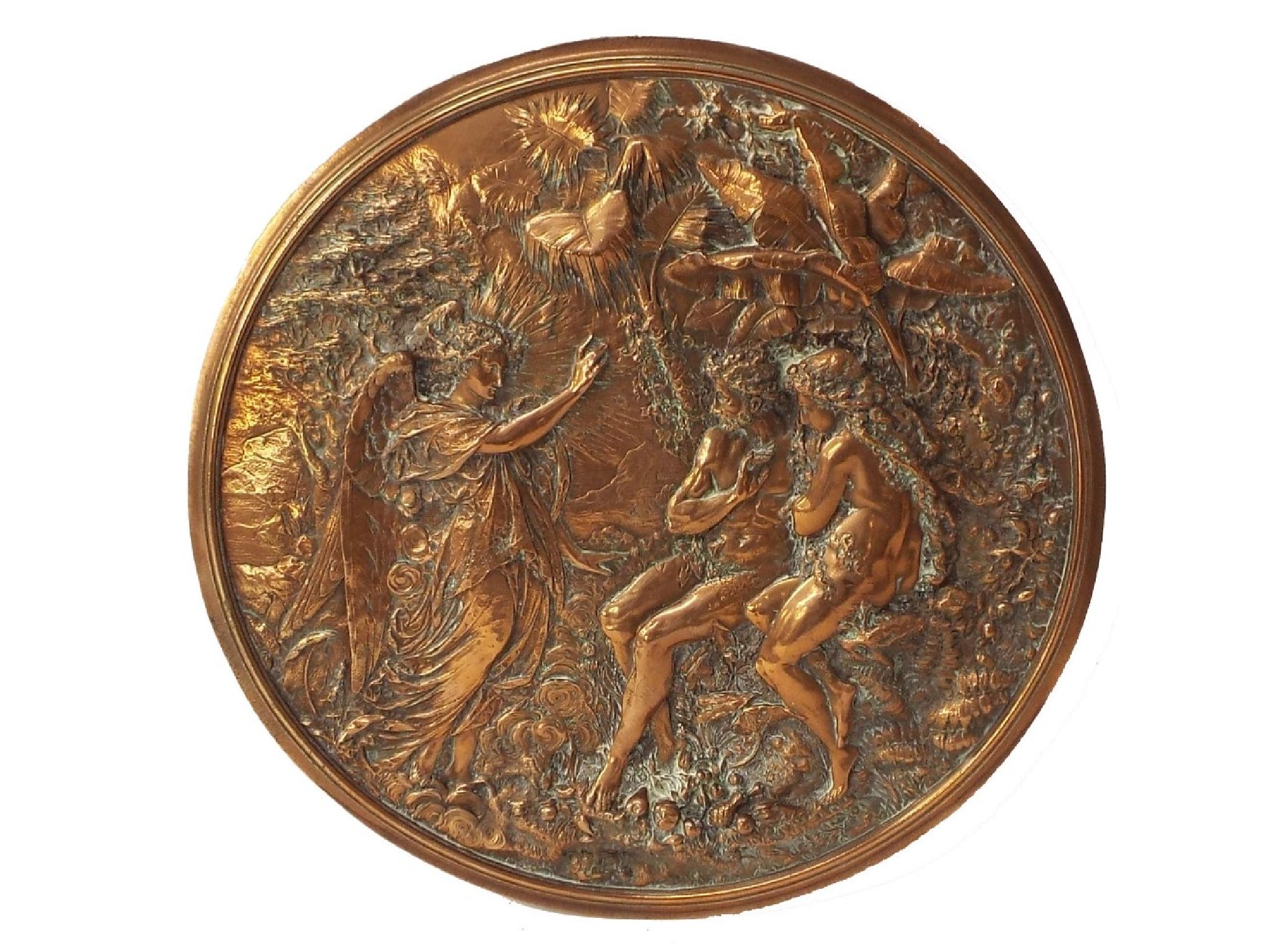 Appraisal: Interesting embossed copper circular panel of a biblical scene possibly