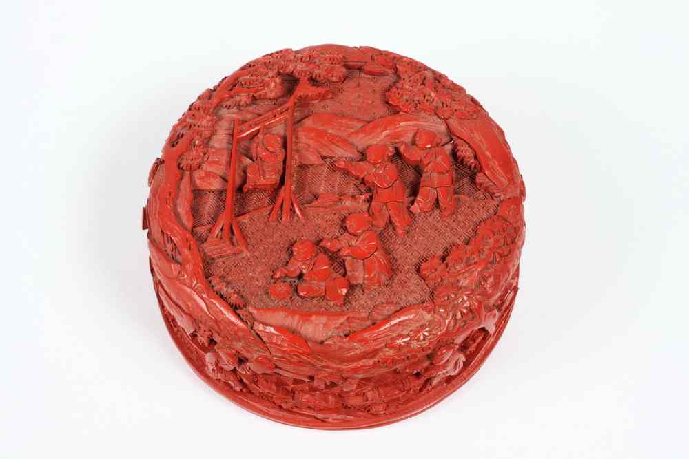 Appraisal: CINNABAR LACQUER BOX AND COVER - Decorated with a scene