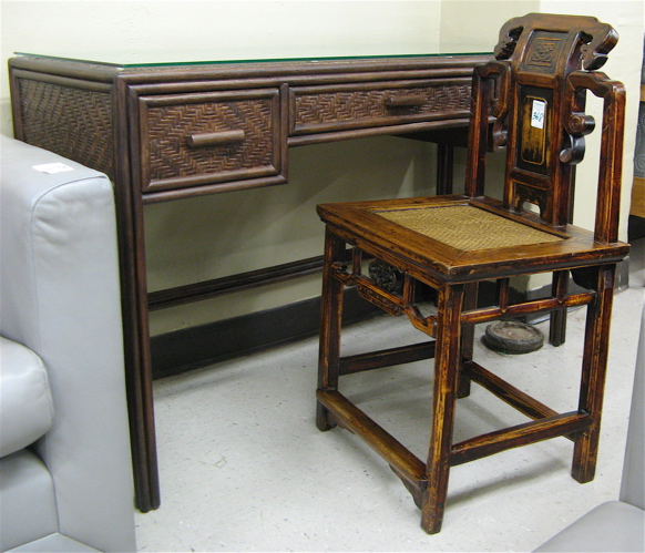 Appraisal: ORIENTAL WRITING TABLE AND CHAIR The rattan and basket weave