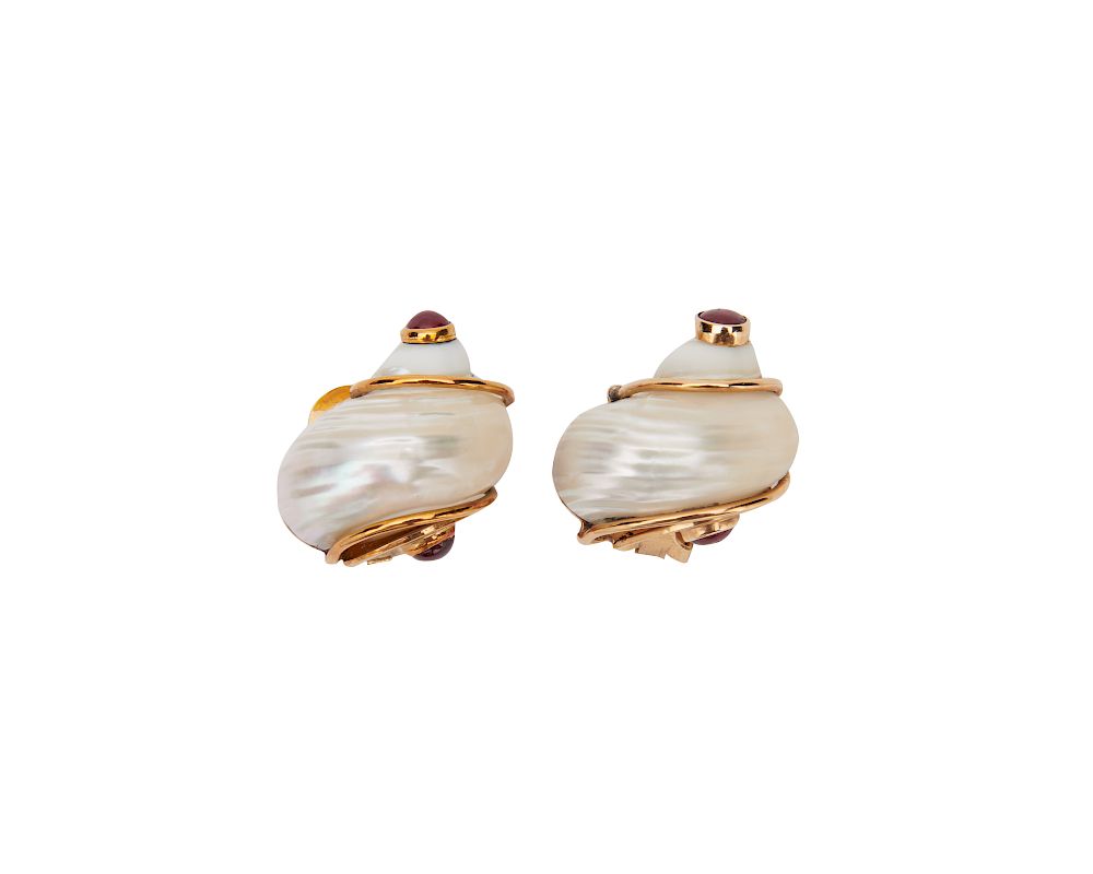 Appraisal: SEAMAN SCHEPPS K Gold Shell and Ruby Earclips SEAMAN SCHEPPS