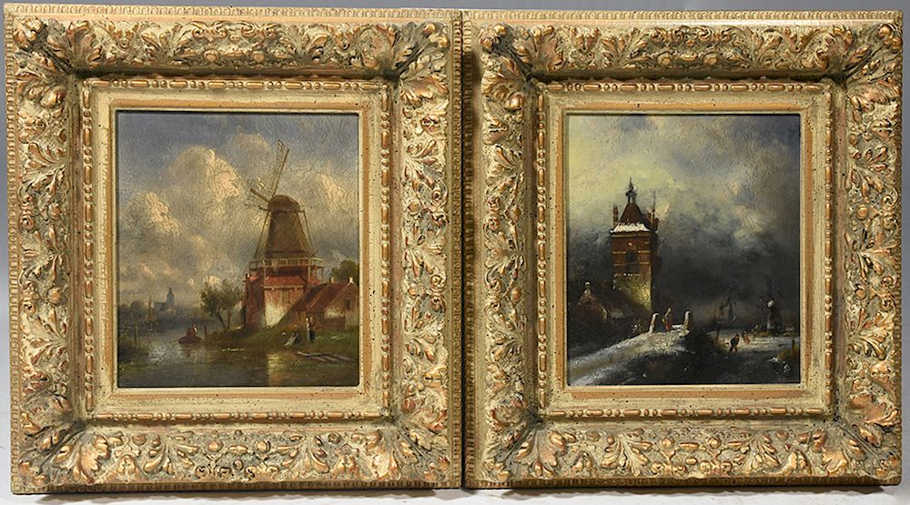 Appraisal: Two th C oil on panel of Dutch winter scenes