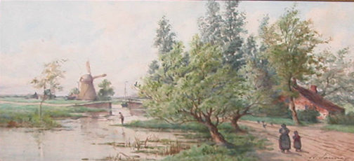 Appraisal: Rural Landscape with River Figures and Windmill by Adrien Aime