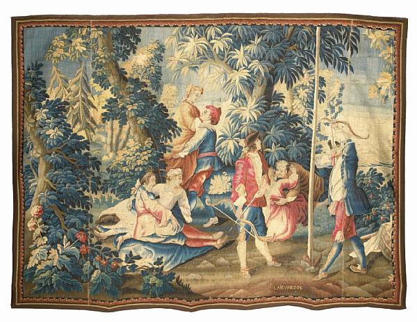 Appraisal: An Aubusson garden tapestry second half th century Depicting huntsman