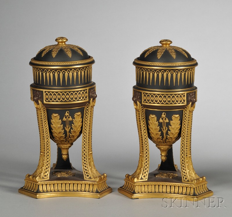 Appraisal: Pair of Wedgwood Gilded and Bronzed Black Basalt Vases and