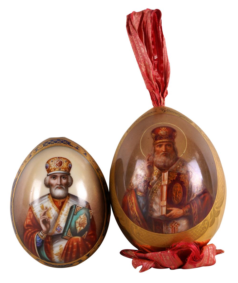 Appraisal: TWO RUSSIAN IMPERIAL PORCELAIN EASTER EGGSeach depicting Saint Nicholas inches