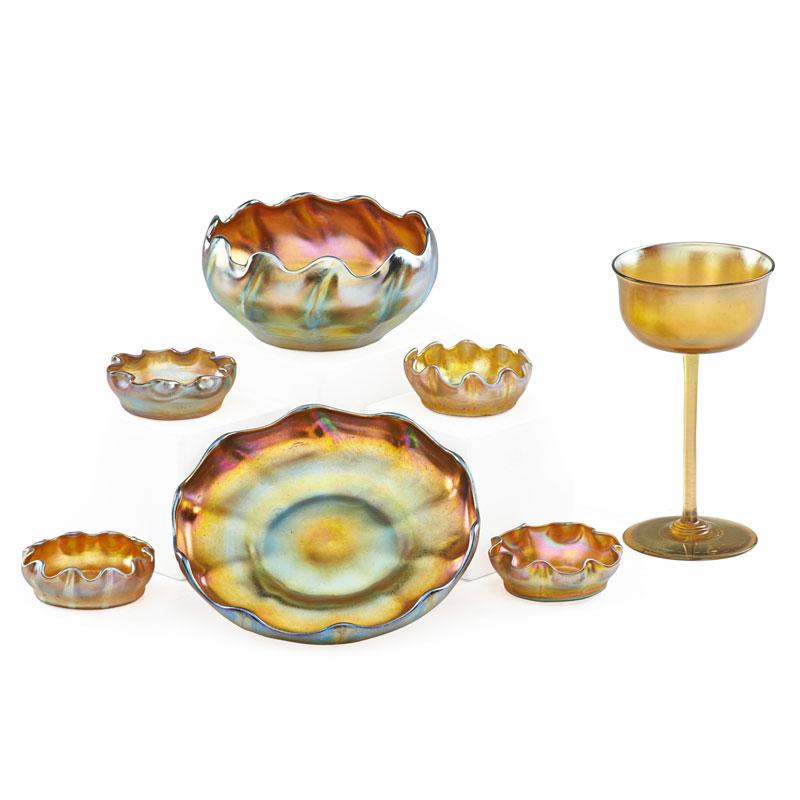 Appraisal: TIFFANY STUDIOS Favrile glass seven pieces Condition Report Some light