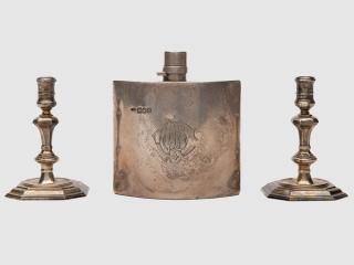 Appraisal: English Silver Diminutive Candlestics and and English Silver Hip Flask