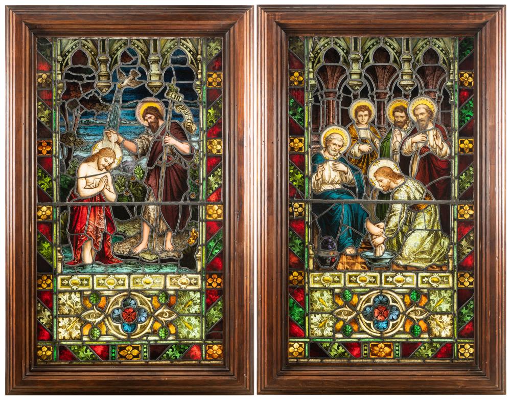 Appraisal: PAIR OF CONTINENTAL STAINED GLASS WINDOWSone panel depicting Christ and