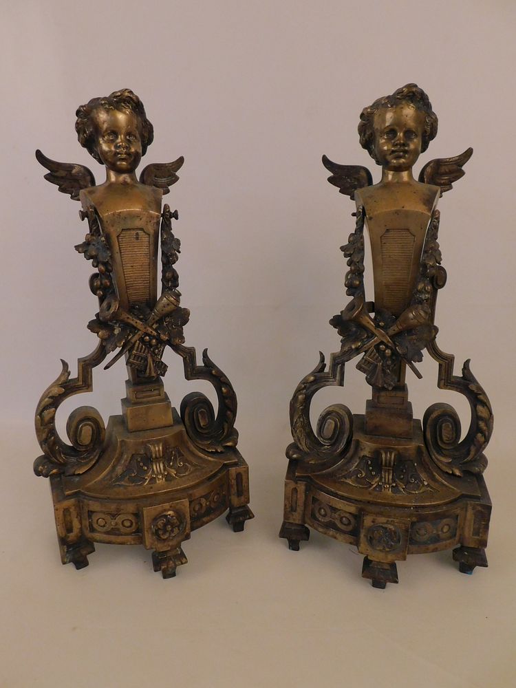 Appraisal: PAIR ANTIQUE FRENCH BRONZE CHENETS - CHERUBS Pair of th