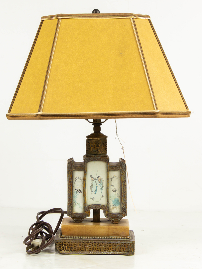 Appraisal: CHINESE GILT MOUNTED LAMP WITH SUE KAPLAN SHADE Chinese gilt