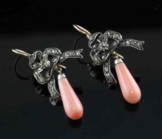 Appraisal: A pair of Victorian style rose diamond and coral drop