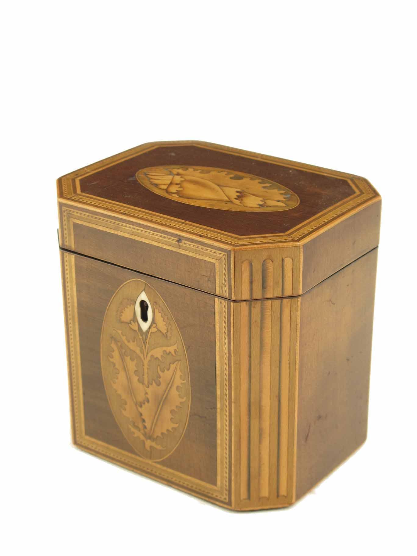 Appraisal: A late George III harewood and marquetry tea caddy