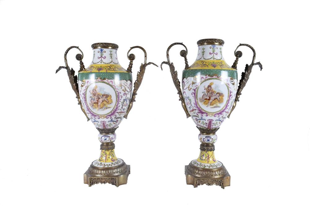 Appraisal: PAIR OF BRONZE-MOUNTED PORCELAIN URNSModern In a Rococo style with