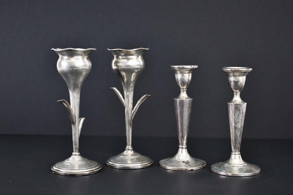 Appraisal: TWO PAIRS OF AMERICAN STERLING SILVER CANDLESTICKS th Century Weighted