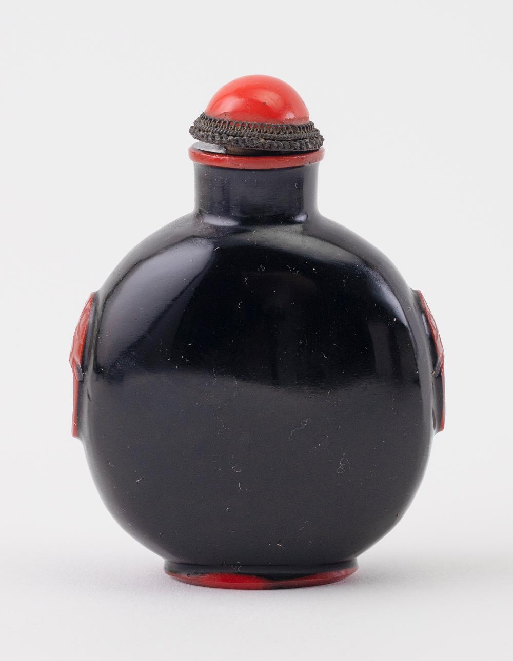 Appraisal: CHINESE GLASS SNUFF BOTTLE HEIGHT SIMULATED CORAL STOPPER CHINESE GLASS