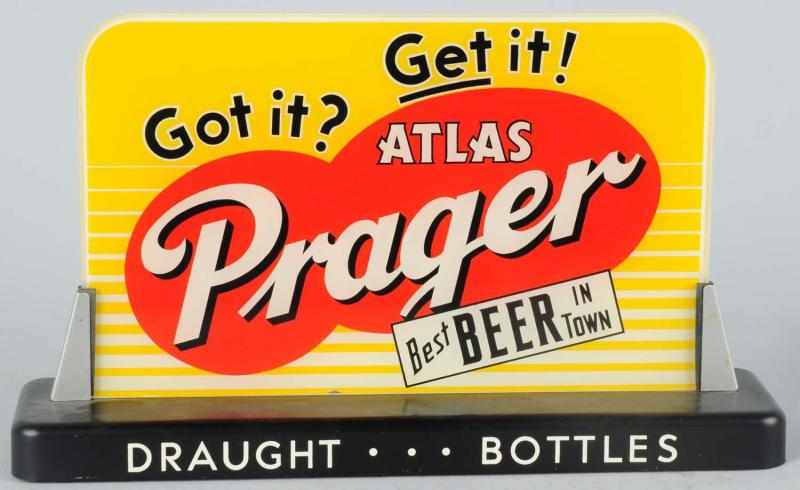 Appraisal: Atlas Prager Beer Reverse Glass Painted Sign On metal base