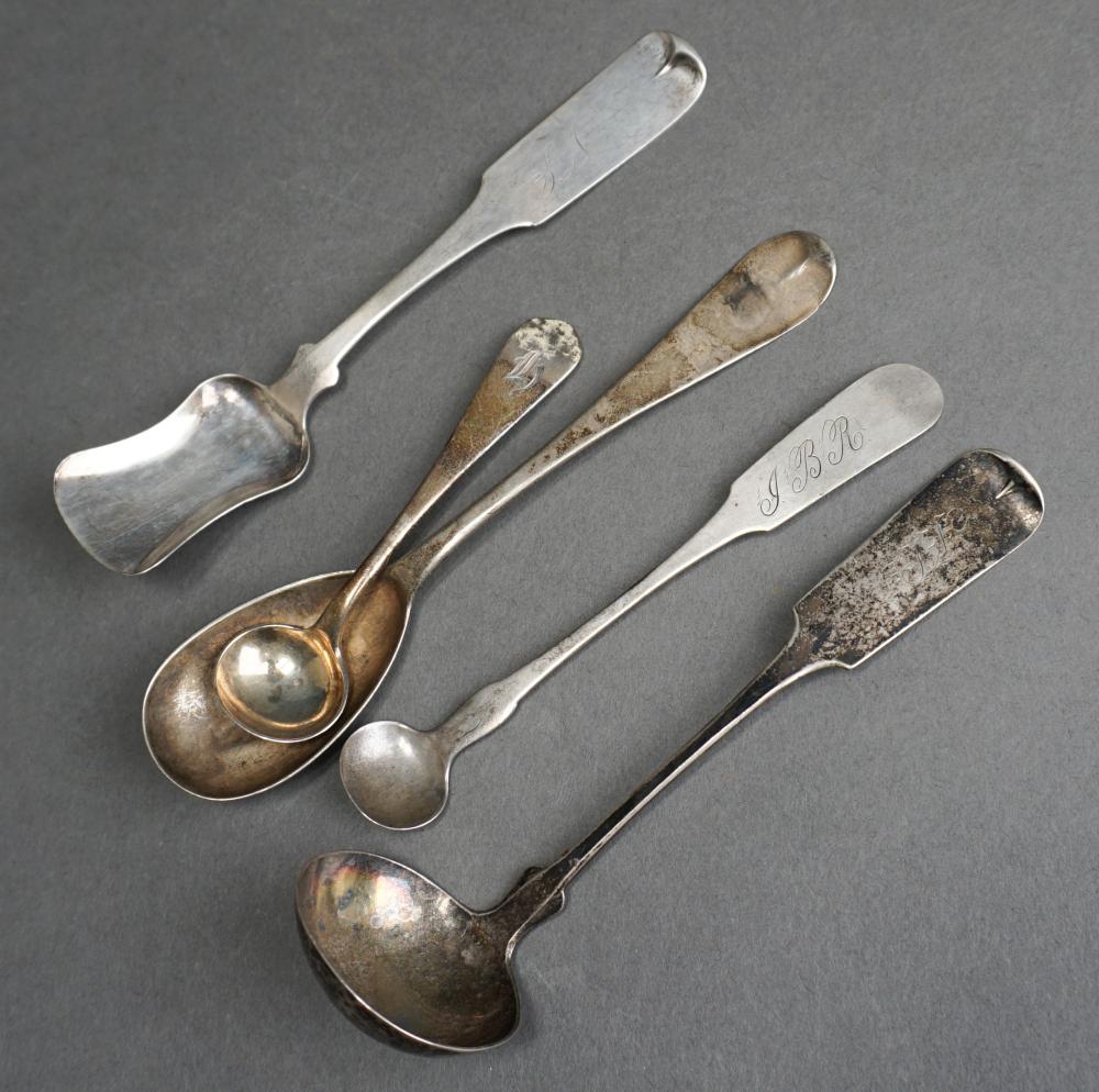 Appraisal: FIVE ASSORTED AMERICAN COIN SILVER FLAT CONDIMENT SPOONS AND LADLES