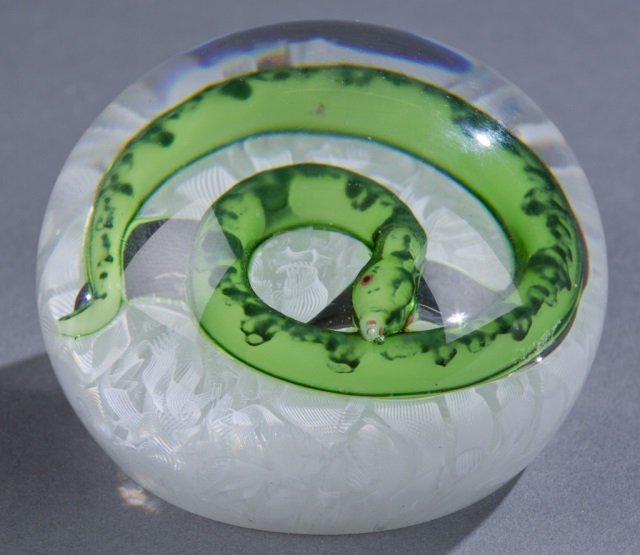 Appraisal: Baccarat Snake Paperweight Coiled green snake on bed of muslin