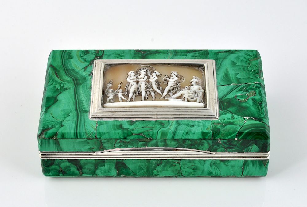 Appraisal: Art Deco Malachite European Silver Snuff Box European silver hallmarks