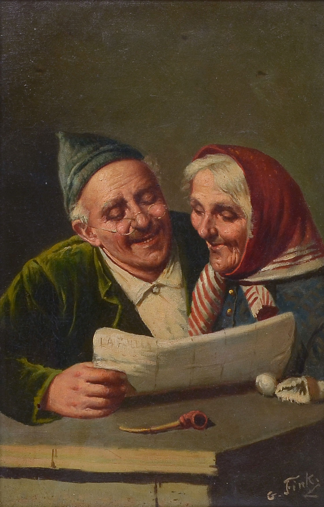 Appraisal: EUROPEAN GENRE PAINTING OF AN ELDERLY COUPLE READING Oil Canvas