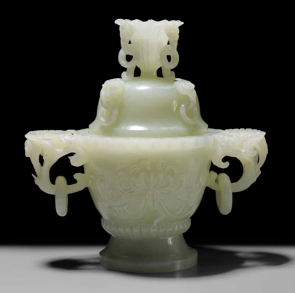 Appraisal: Lidded Jade Censer Chinese pale green jade with white inclusions