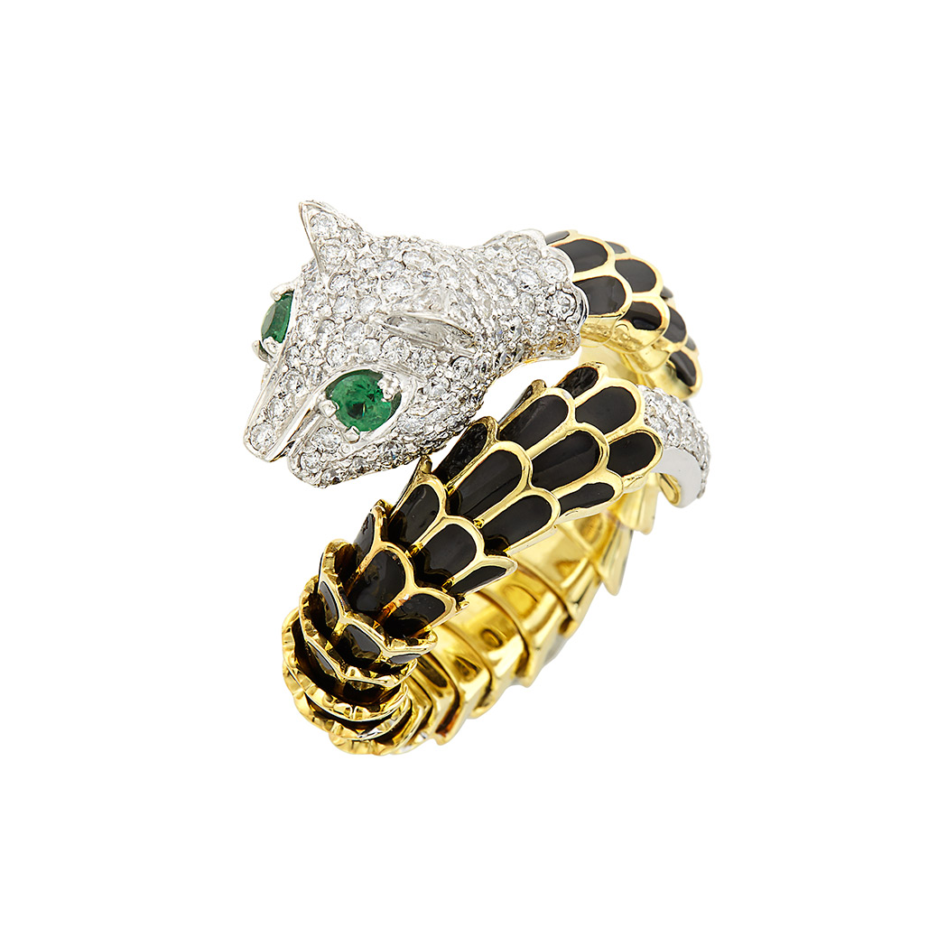 Appraisal: Two-Color Gold Diamond and Black Enamel Coiled Panther Head Ring