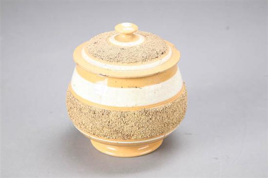 Appraisal: YELLOWWARE JAR White and sanded bands with lid h dia