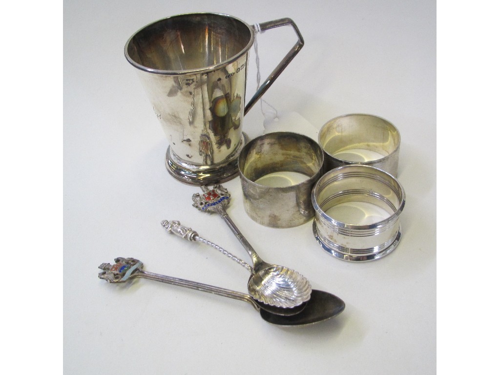 Appraisal: Lot comprising silver christening mug Birmingham three silver napkin rings