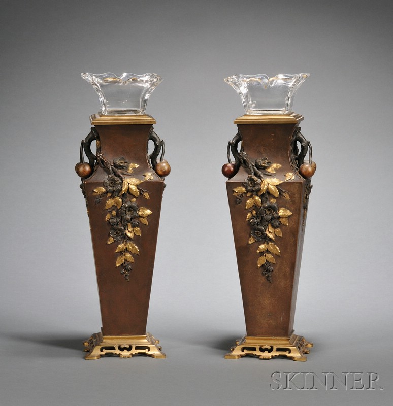 Appraisal: Pair of French Patinated Bronze and Glass-Lined Aesthetic Movement Mantel