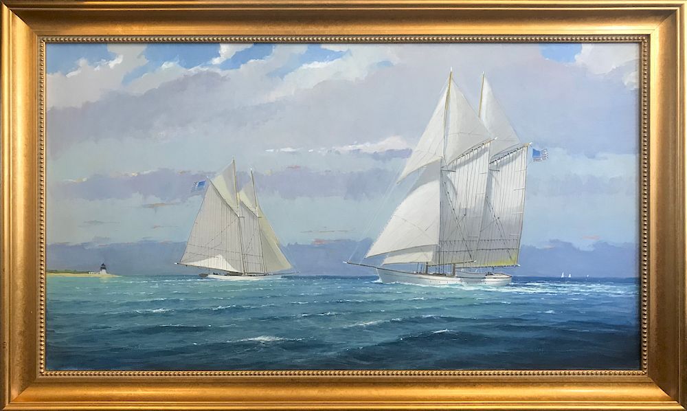 Appraisal: William Lowe Oil on Linen Nantucket Schooners Rounding Great Point