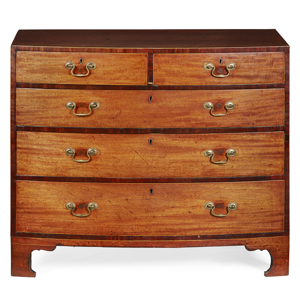 Appraisal: GEORGE III MAHOGANY AND SATINWOOD BOWFRONT CHEST OF DRAWERS EARLY