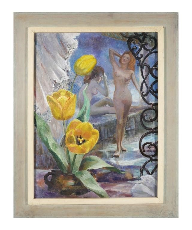 Appraisal: Oil painting of two female nude figures with yellow flowers