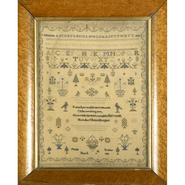 Appraisal: Needlework sampler in bird s eye maple frame The work