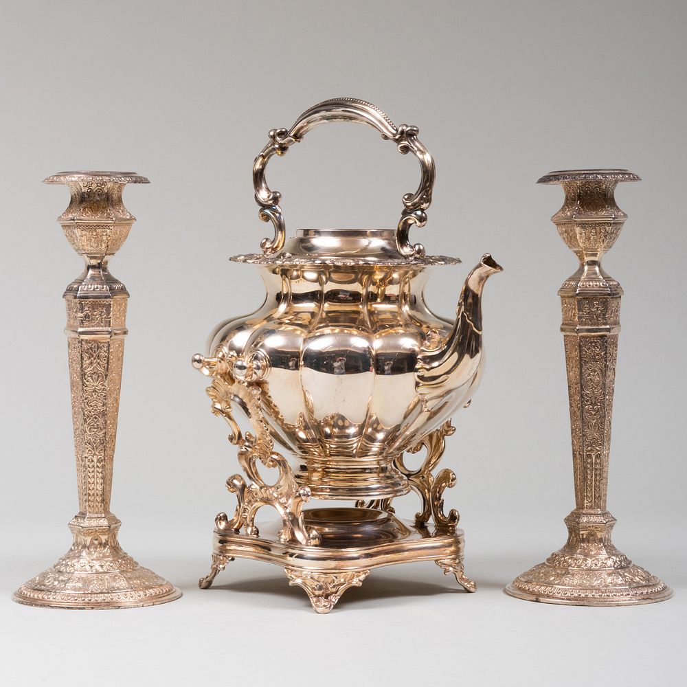 Appraisal: Pair of Silver Plate Candlesticks and a Silver Plate Hot