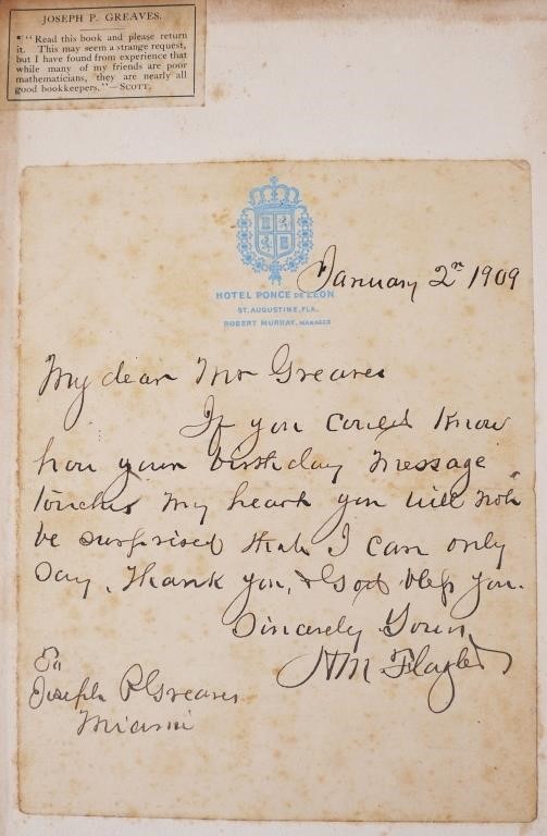 Appraisal: Hand signed letter by Henry M Flagler on Hotel Ponce