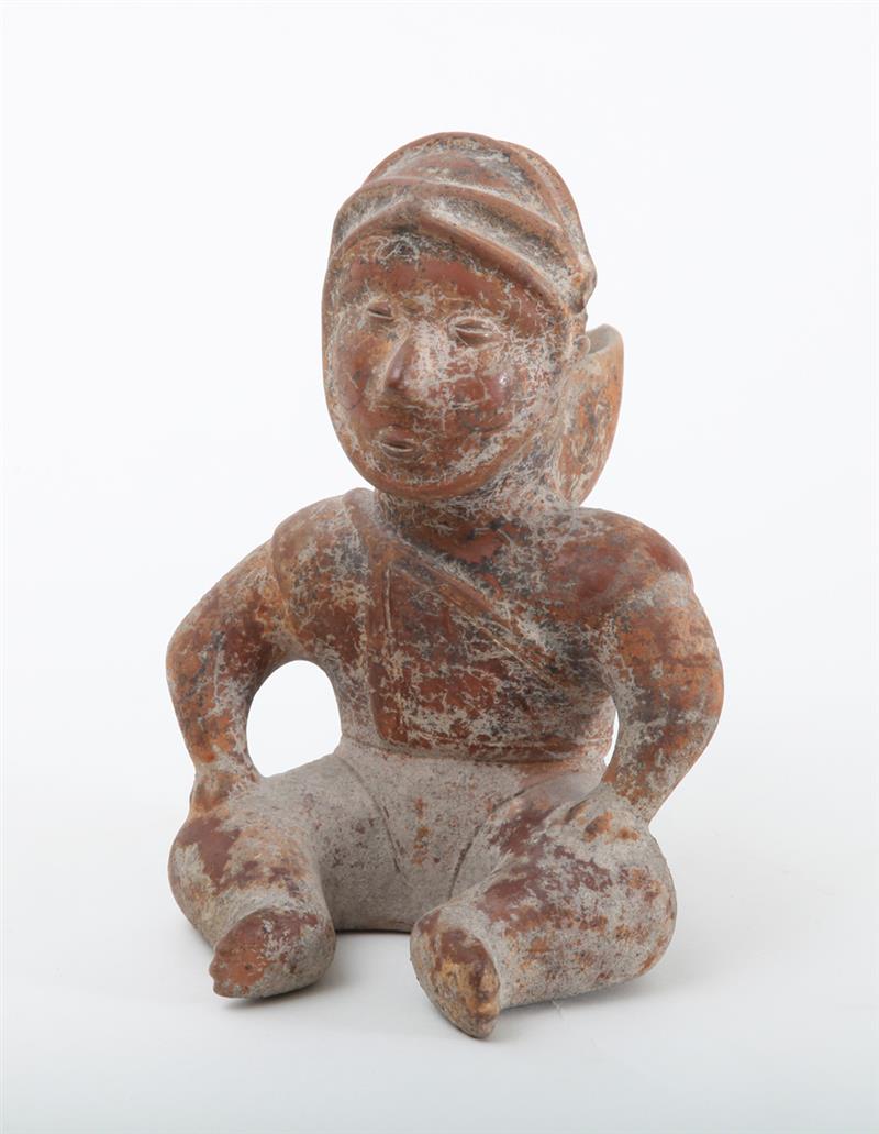 Appraisal: COLIMA TYPE POTTERY SEATED MALE FIGURAL VESSEL x in Estimate