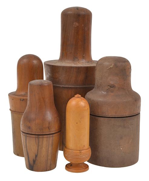 Appraisal: FIVE TREEN BOTTLE SHAPED BOXES