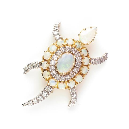 Appraisal: Diamond and opal turtle brooch K gold mounted with x