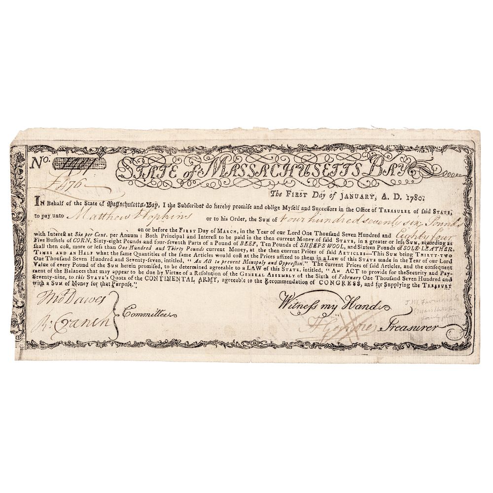 Appraisal: Revolutionary War Massachusetts-Bay Treasury Certificate Anderson MA- American Revolution Massachusetts