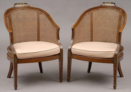 Appraisal: PAIR OF EDWARDIAN SATINWOOD AND PAINTED TUB-BACK ARMCHAIRS Each with