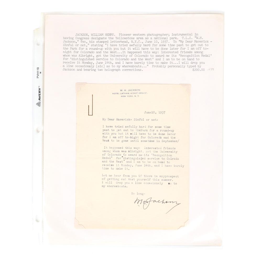 Appraisal: WESTERN PHOTOGRAPHER WILLIAM HENRY JACKSON LETTER WITH SIGNATURE ON HIS