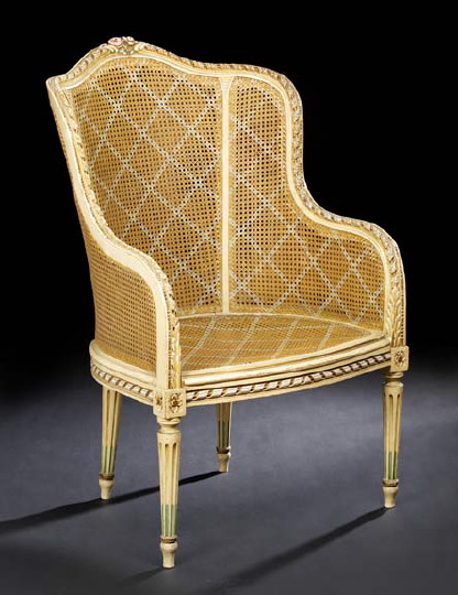 Appraisal: Louis XVI-Style Polychromed Bergere late th century the trisected double-caned