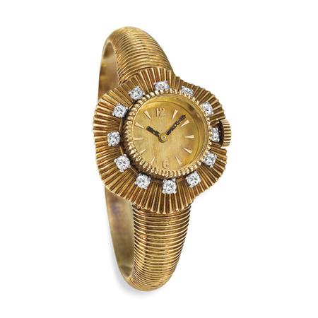 Appraisal: Gold and Diamond Watch-Bangle Bracelet Boucheron Estimate -