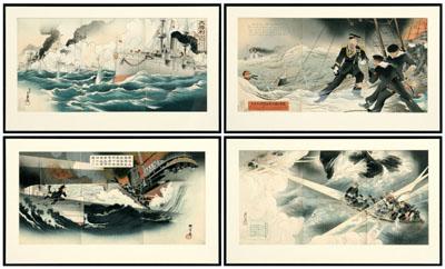 Appraisal: Four Japanese woodblock triptychs Russo-Japanese naval battle scenes Migita Toshihide