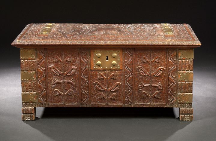 Appraisal: Continental Carved Oak Coffer mid- th century the rectangular top