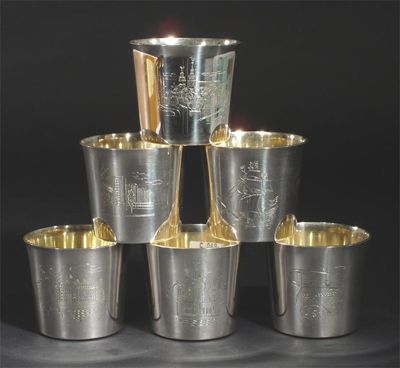 Appraisal: A cased set of six Danish silver beakers each engraved