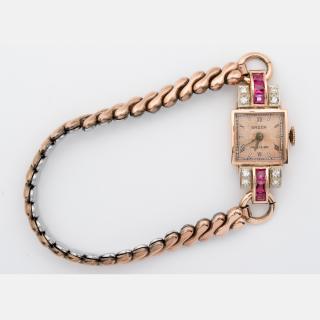 Appraisal: A Ladies kt Rose Gold Ruby and Diamond Gruen Wristwatch